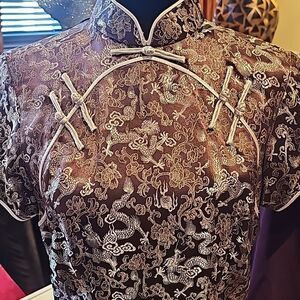 Ladies Chinese style brown satin like size small